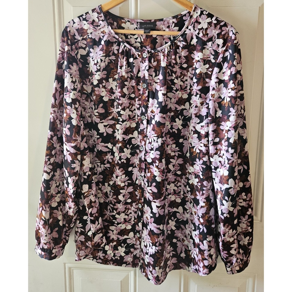 J Jill Wearever Collection XL Floral Button Front Blouse Long Sleeve Pink Black